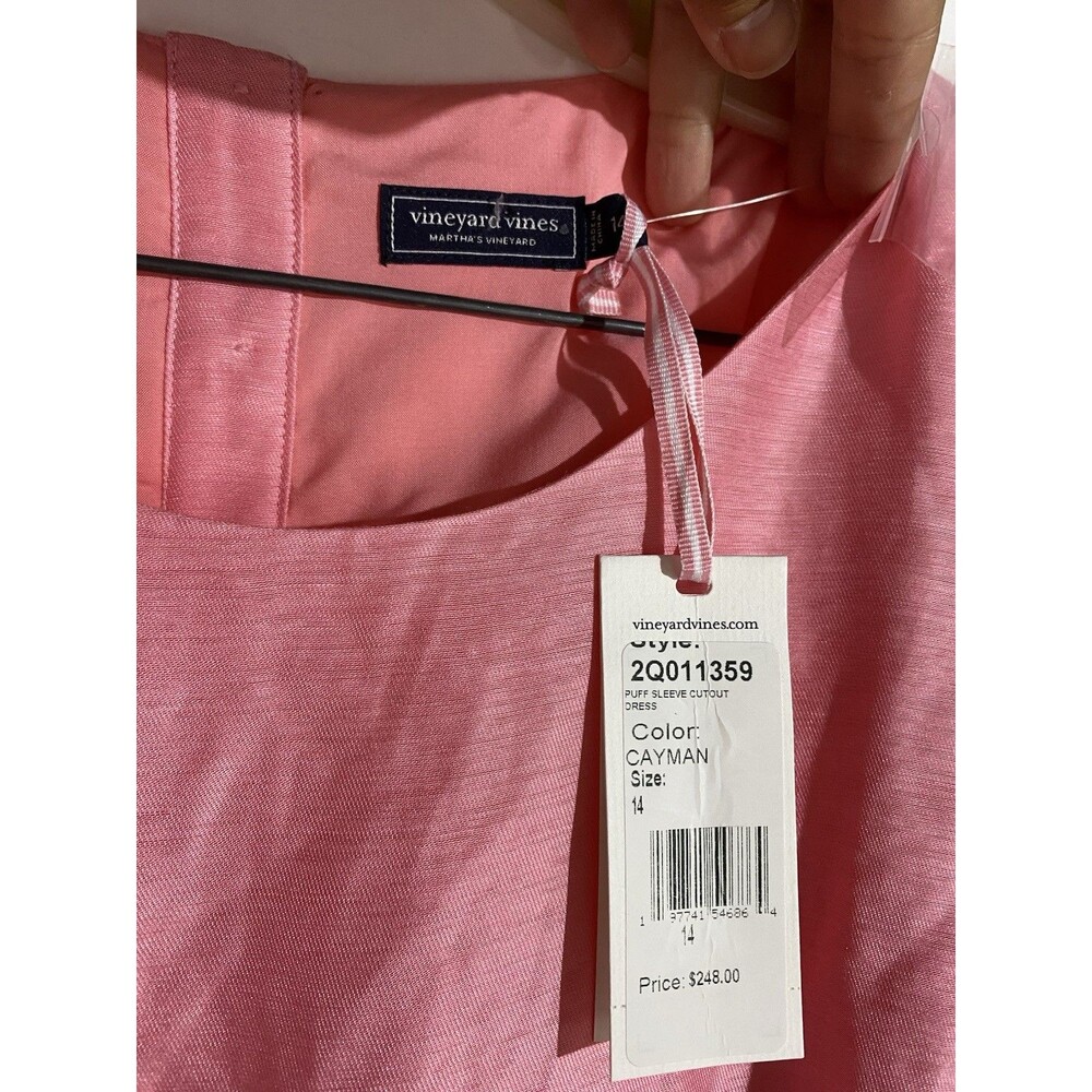 Vineyard Vines Dress 14 Cayman Pink Puff Sleeves Back Cutout Feminine Linen Silk - Picture 4 of 15